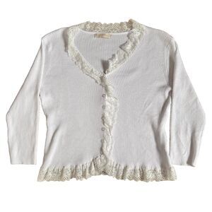 Belle Poque Cardigan Women’s XL White Ribbed Lace Trim Long Sleeve Coquette Twee